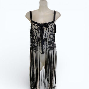 Black Open Weave Fringe Vest Snap Front Bows Boho Festival Cover Up M/L
